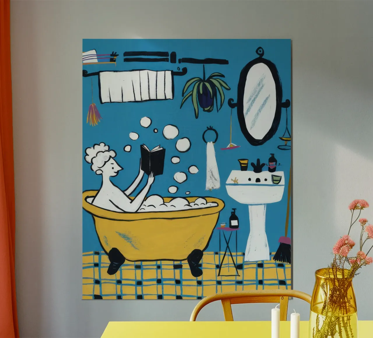 Scena giocosa in bagno poster con telaio in plastica da Lyra Glaze