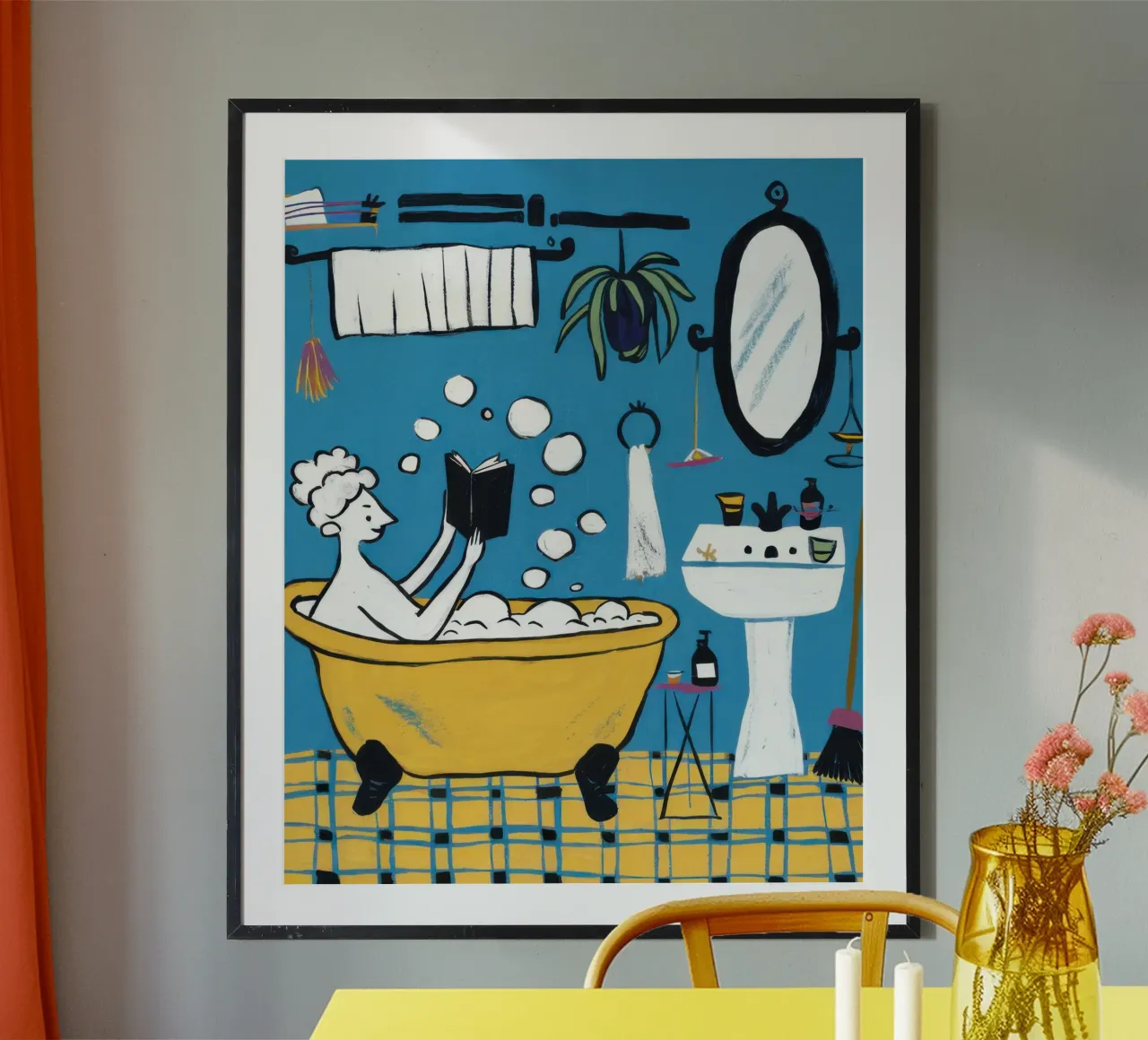 Scena giocosa in bagno poster con telaio in plastica da Lyra Glaze