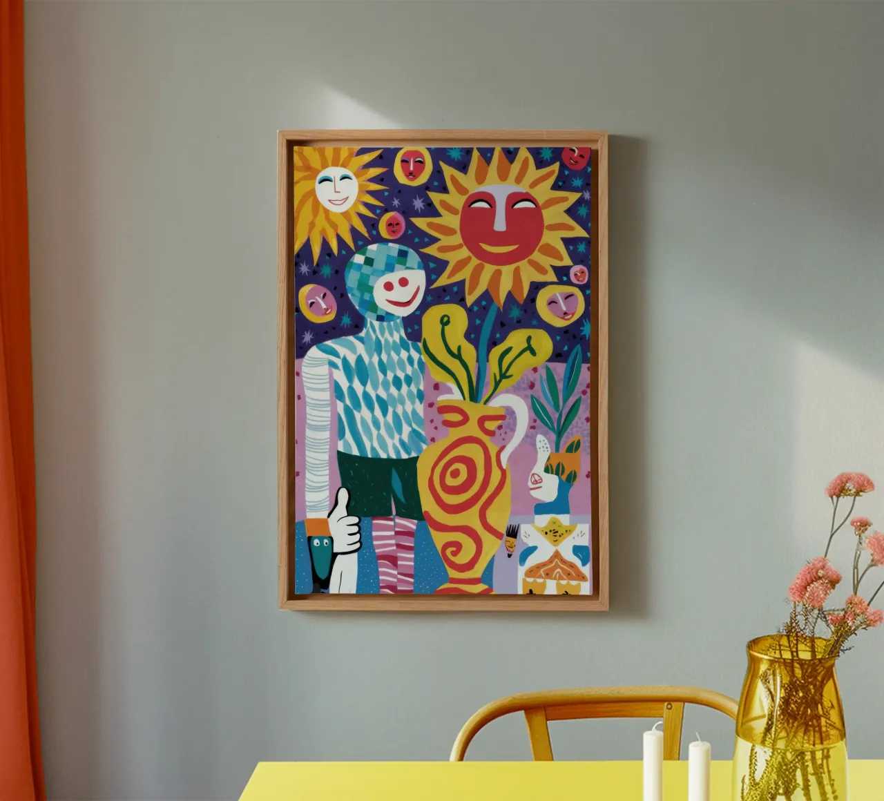 Psychedelische zonmensen canvas met Baklijst van Lyra Glaze