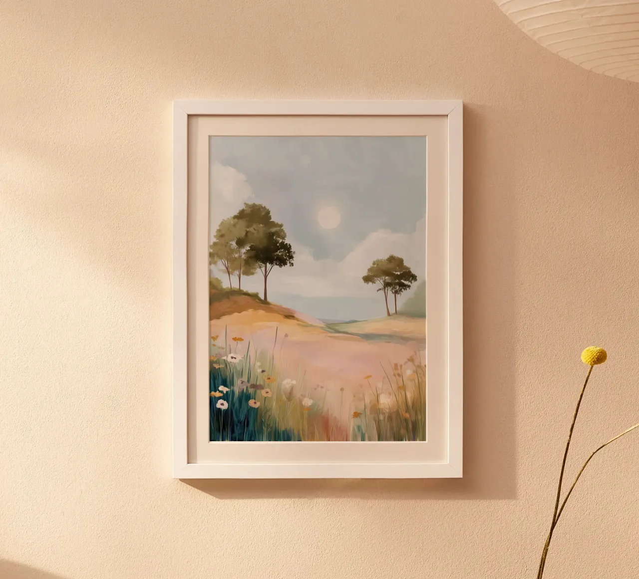 Soft Spring - Dreamy Field with Sun and Wildflowers Poster mit Holzrahmen von Dune