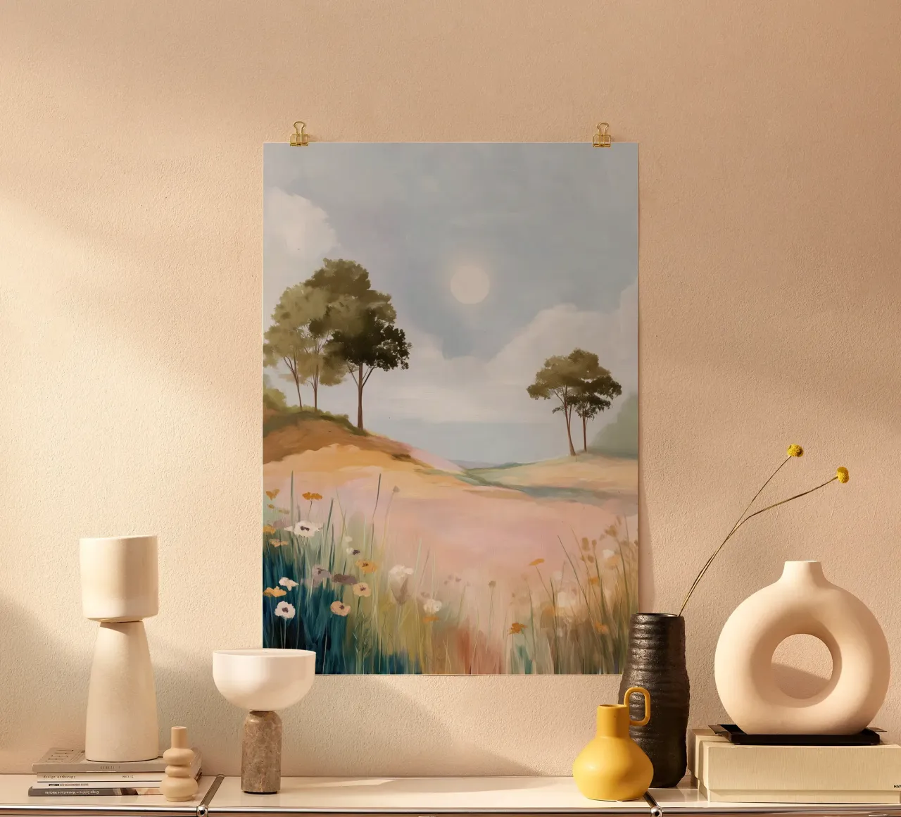 Soft Spring - Dreamy Field with Sun and Wildflowers Poster mit Holzrahmen von Dune