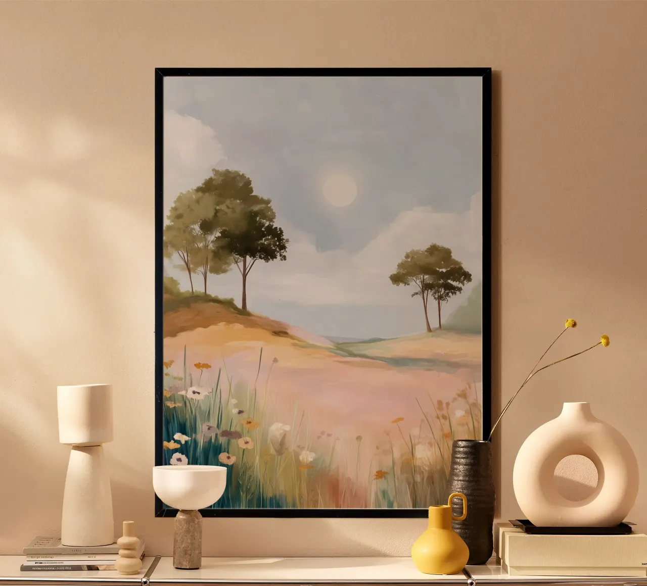 Soft Spring - Dreamy Field with Sun and Wildflowers Poster mit Holzrahmen von Dune
