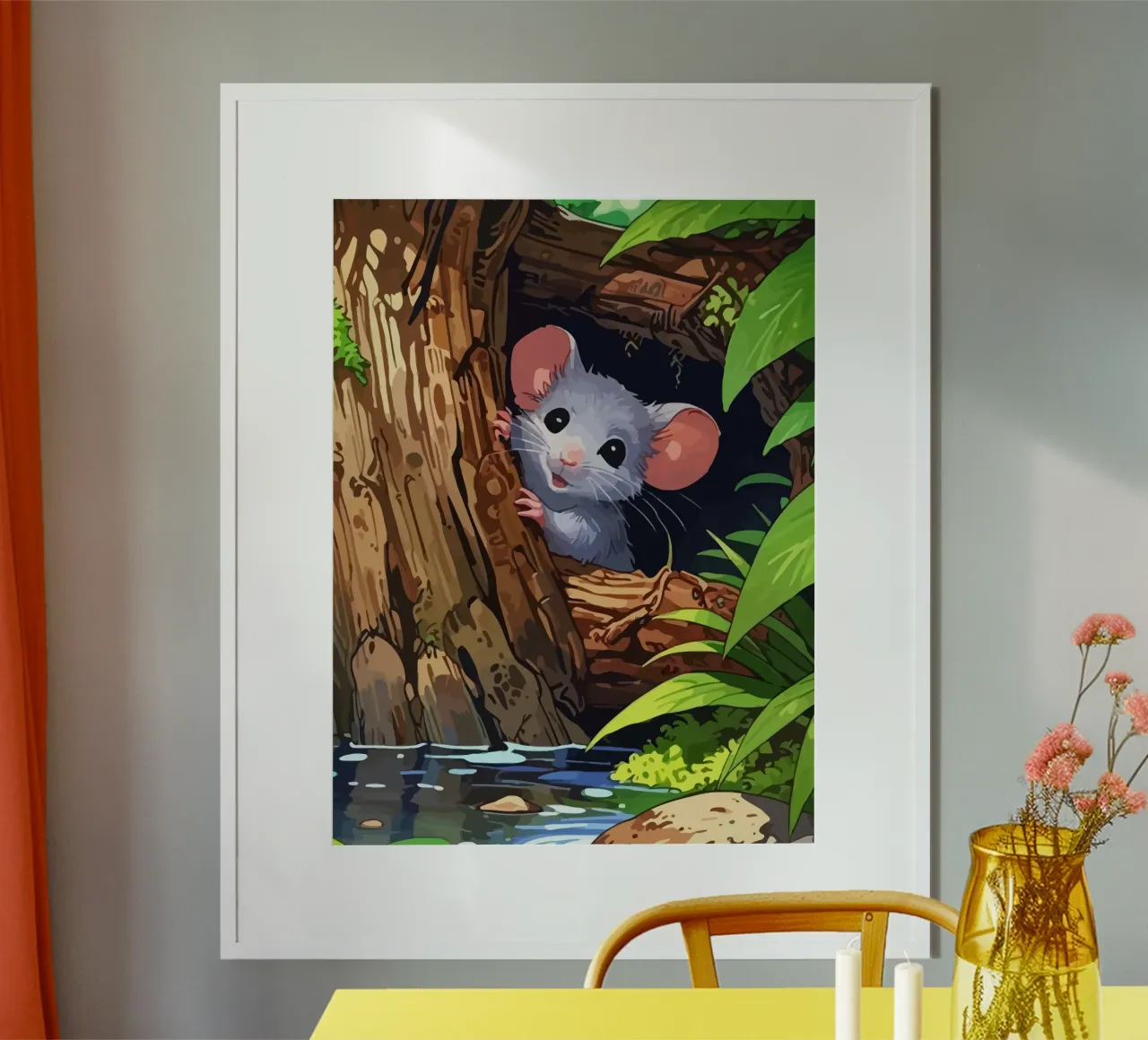 mouse behind the tree poster con telaio in alluminio da Dumery Art