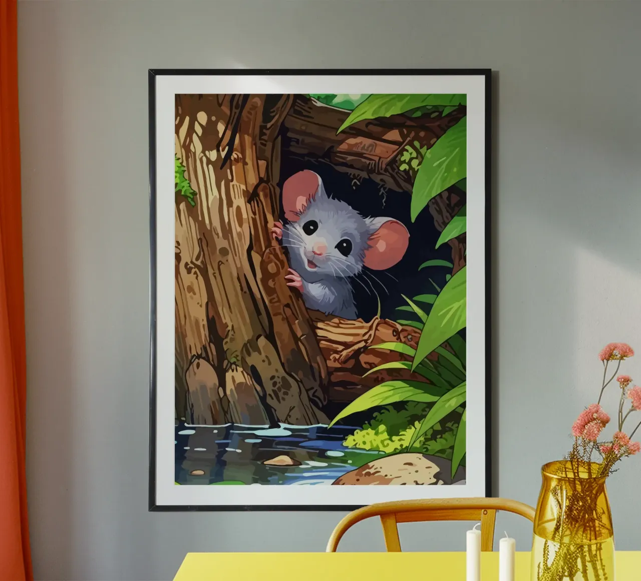 mouse behind the tree poster con telaio in alluminio da Dumery Art