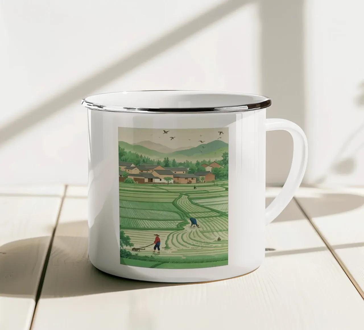 Farmers plowing rice fields at the foot of the mountain tazza in smalto da Dumery Art