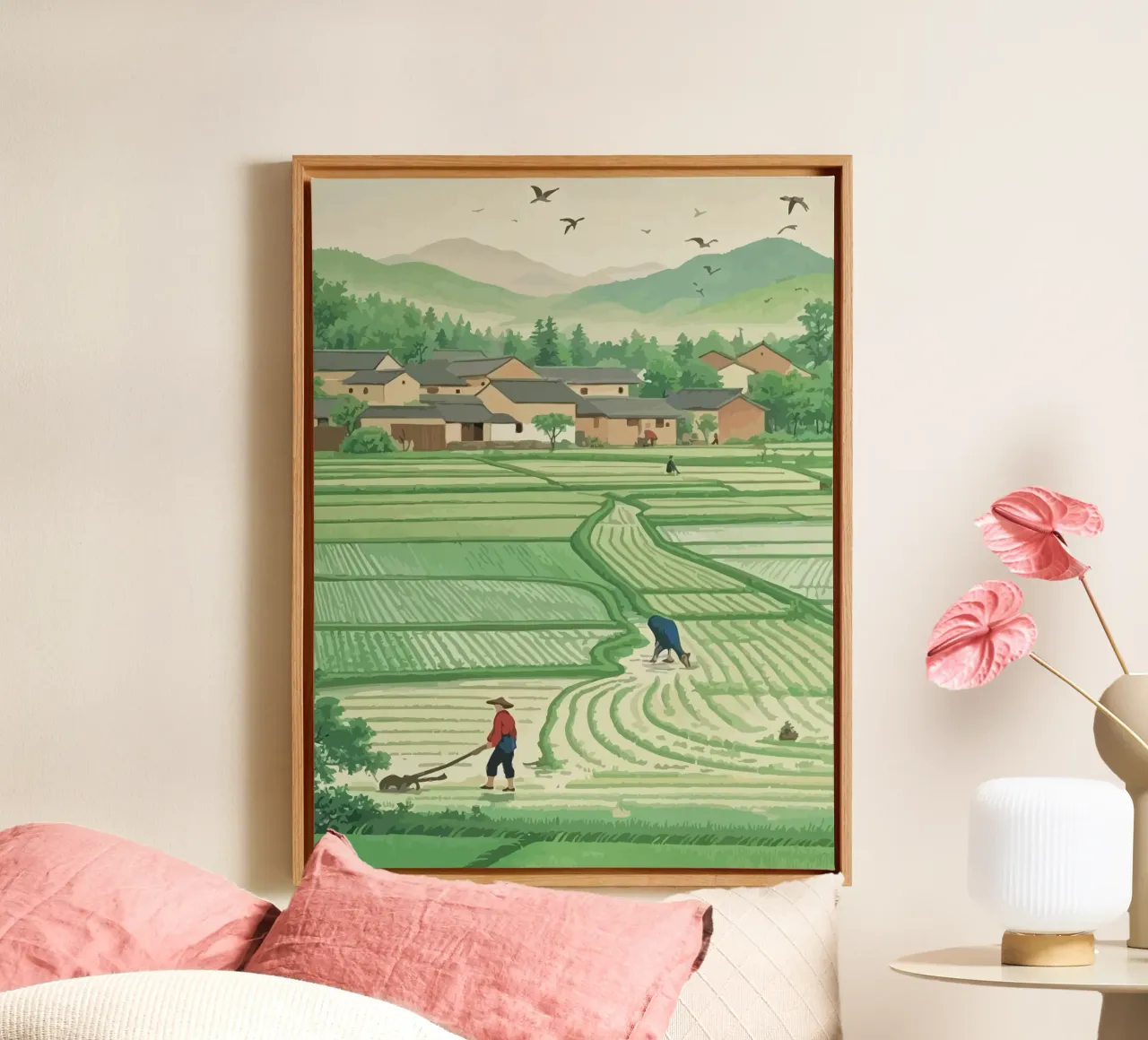 Farmers plowing rice fields at the foot of the mountain canvas with Floater frame by Dumery Art
