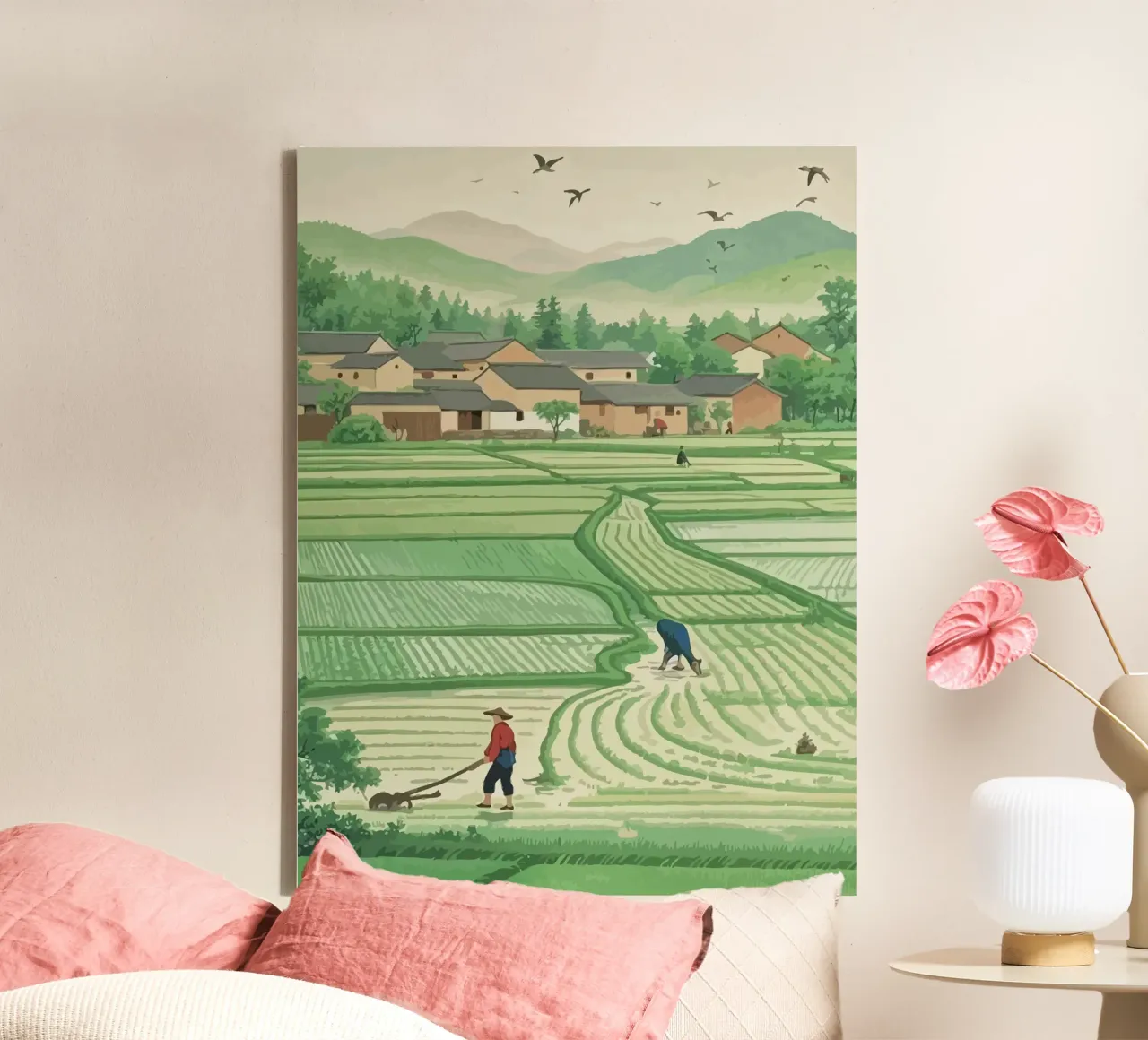 Farmers plowing rice fields at the foot of the mountain canvas with Floater frame by Dumery Art