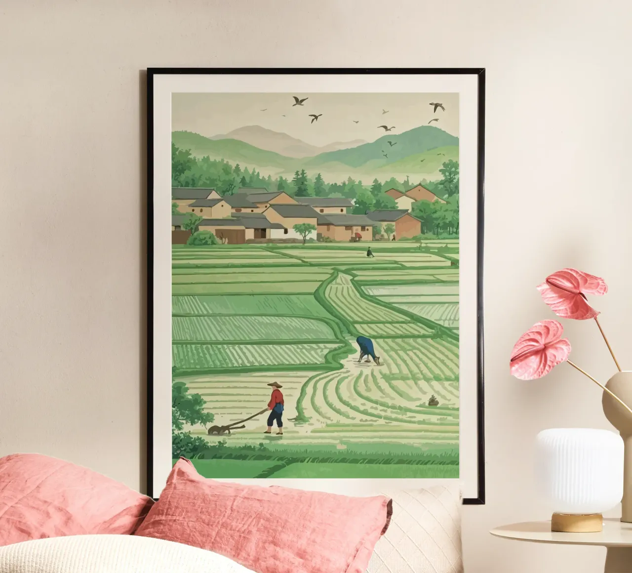 Farmers plowing rice fields at the foot of the mountain poster da Dumery Art