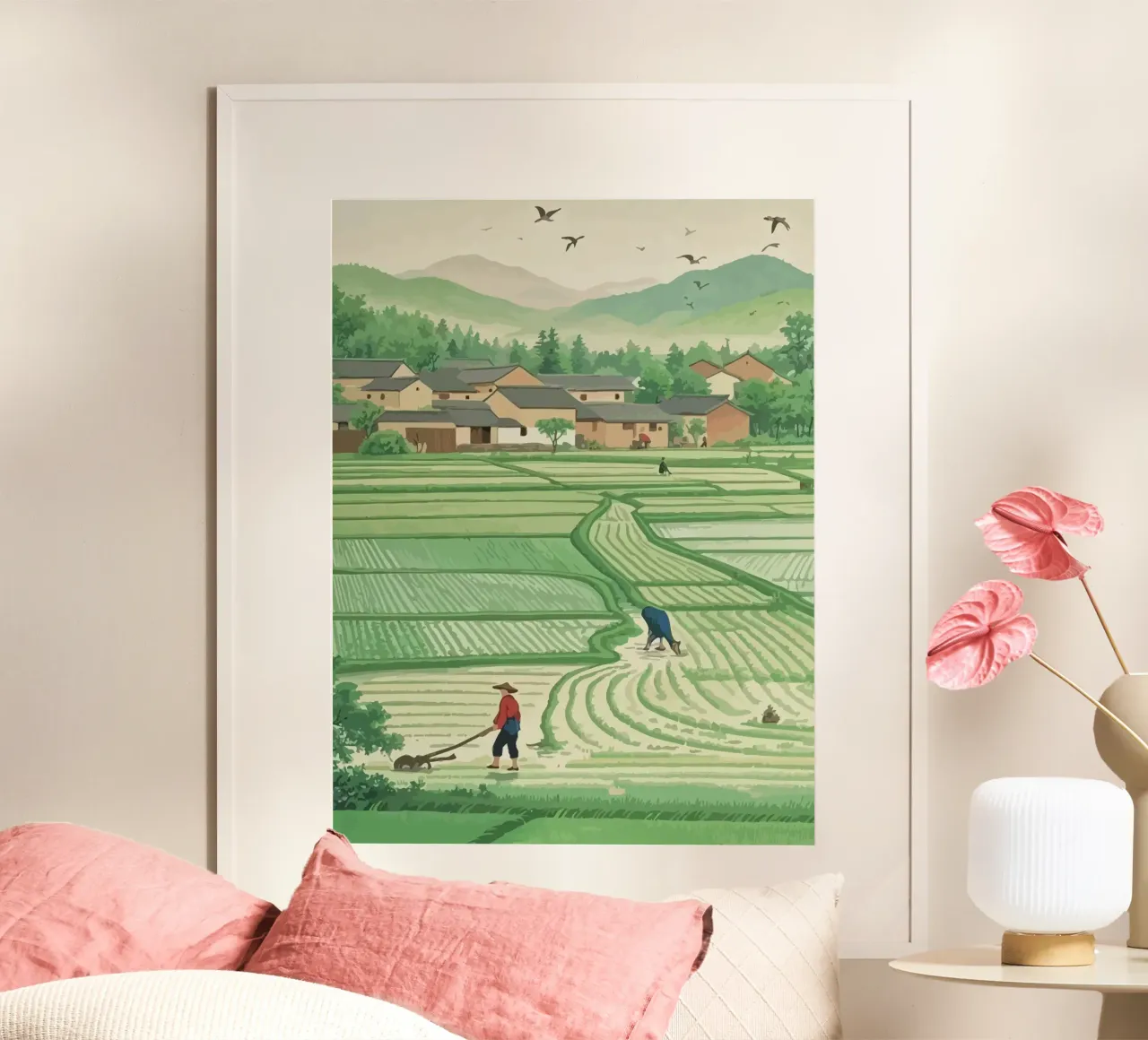 Farmers plowing rice fields at the foot of the mountain poster da Dumery Art