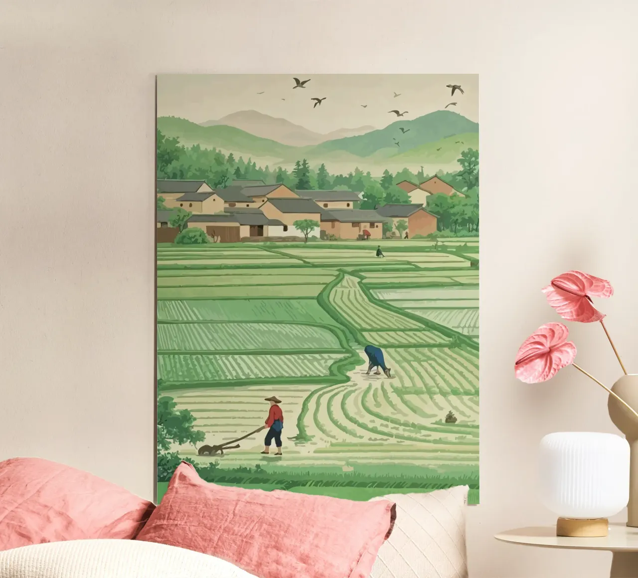 Farmers plowing rice fields at the foot of the mountain poster da Dumery Art