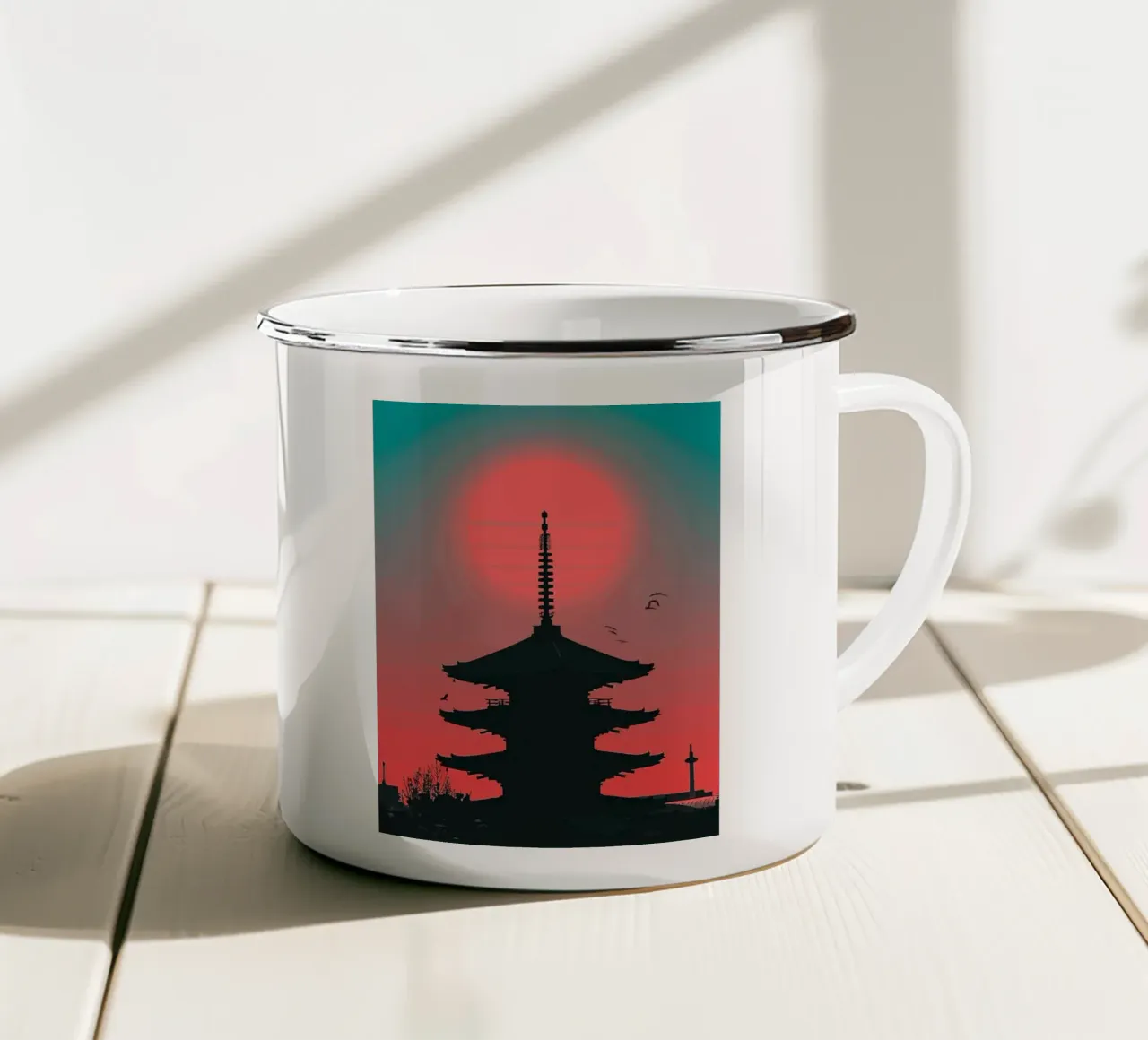 sunset pagoda in Japan tazza in smalto da Dumery Art