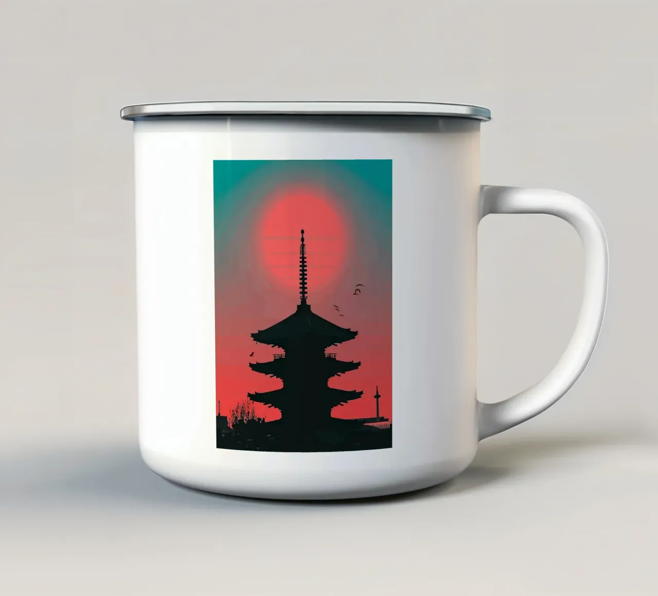 sunset pagoda in Japan tazza in smalto da Dumery Art