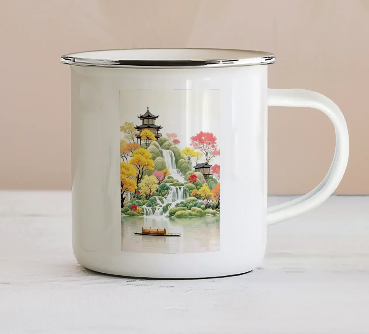 illustration of a Japanese river view tazza in smalto da Dumery Art