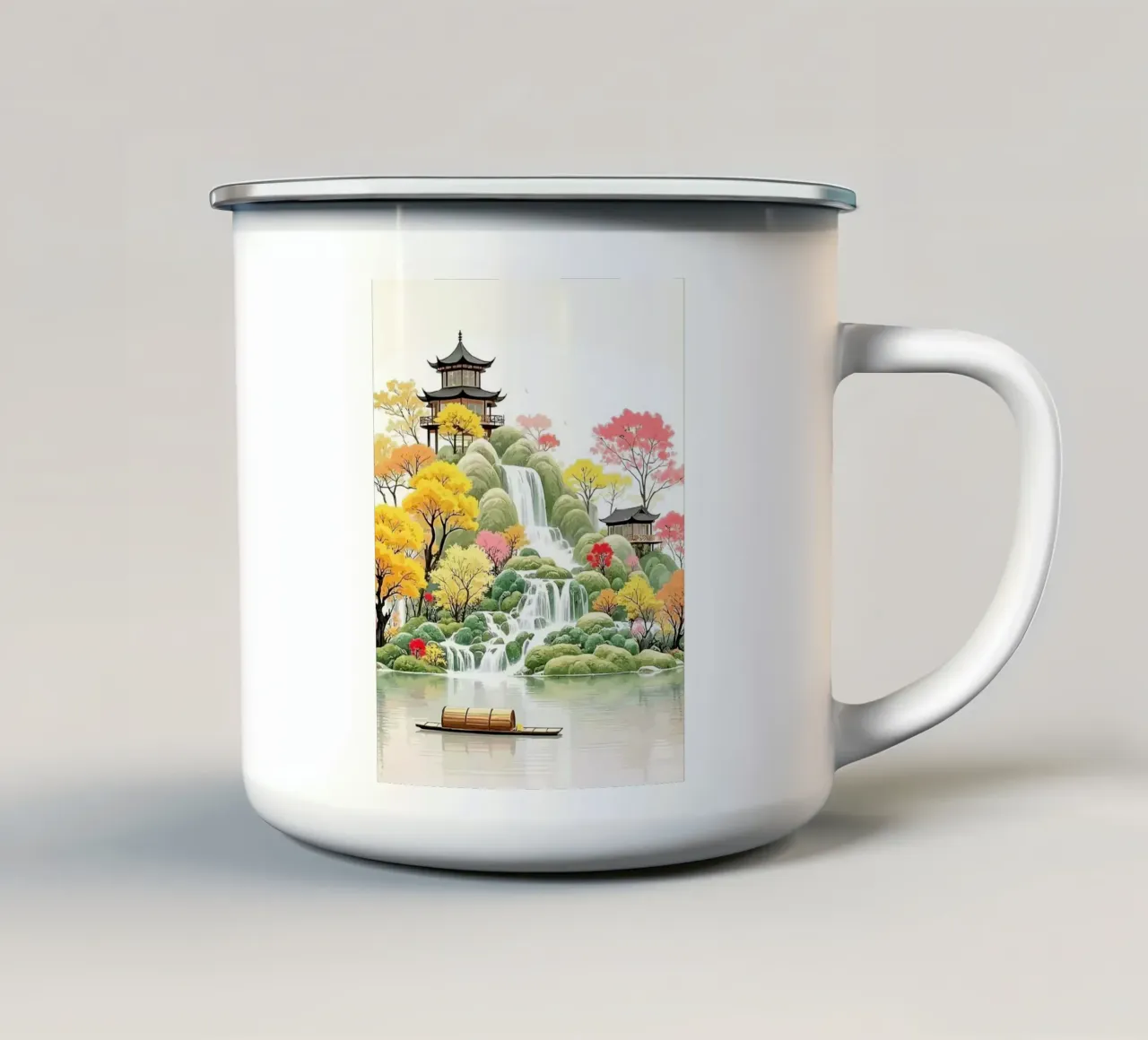 illustration of a Japanese river view tazza in smalto da Dumery Art