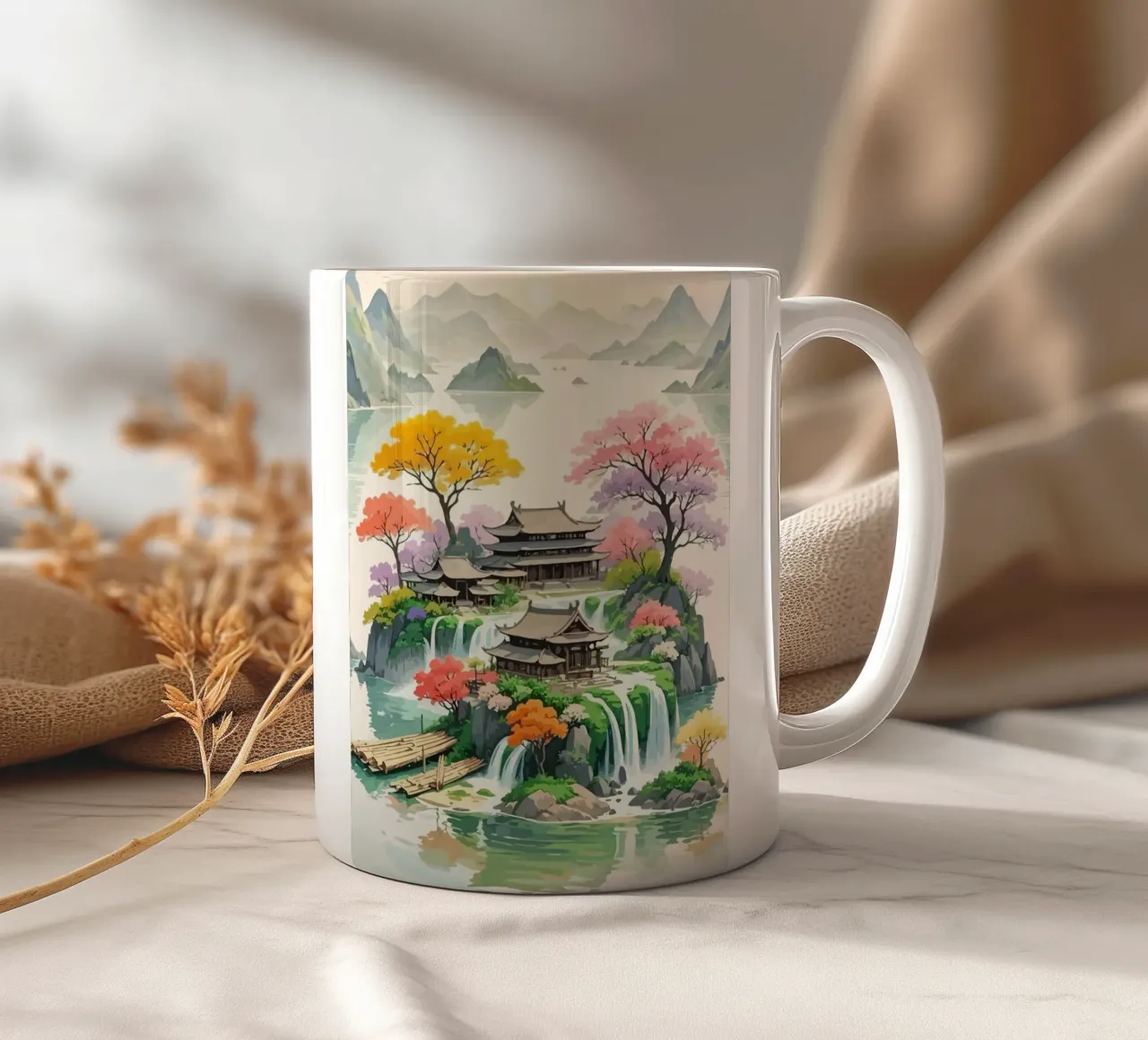 house in the middle of the island around the Japanese mounta tazza in ceramica da Dumery Art