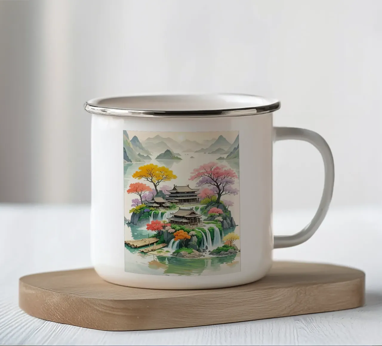 house in the middle of the island around the Japanese mounta tazza in smalto da Dumery Art