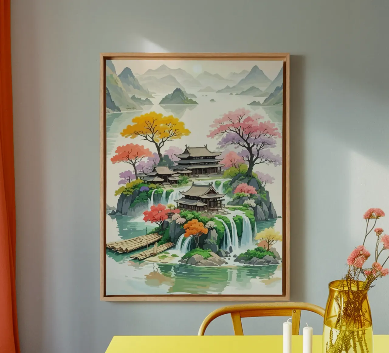house in the middle of the island around the Japanese mounta tela con Cornice a cassetta da Dumery Art