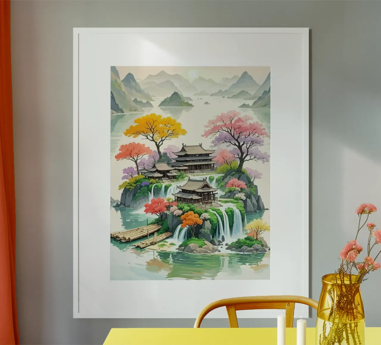 house in the middle of the island around the Japanese mounta poster con telaio in plastica da Dumery Art