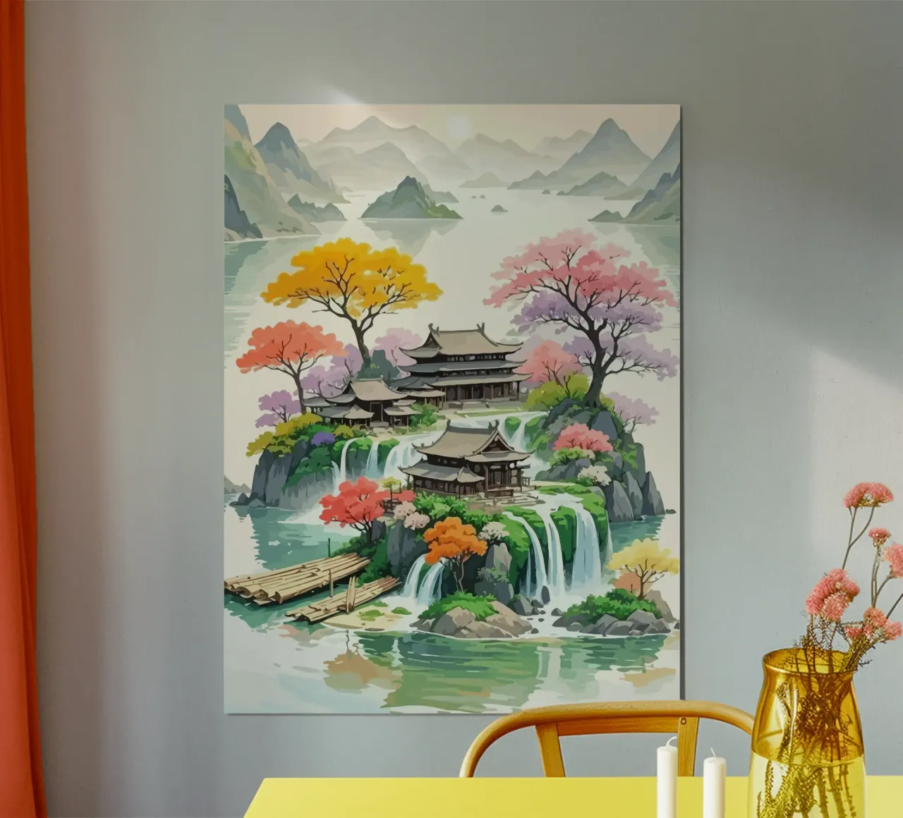 house in the middle of the island around the Japanese mounta poster con telaio in plastica da Dumery Art