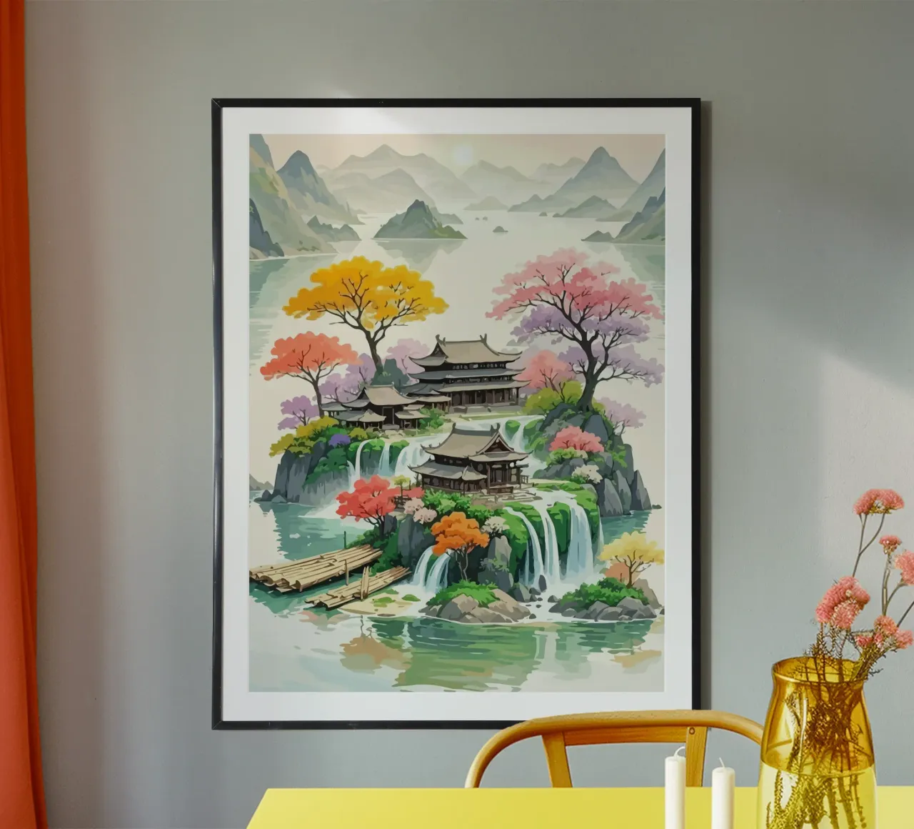 house in the middle of the island around the Japanese mounta poster con telaio in plastica da Dumery Art