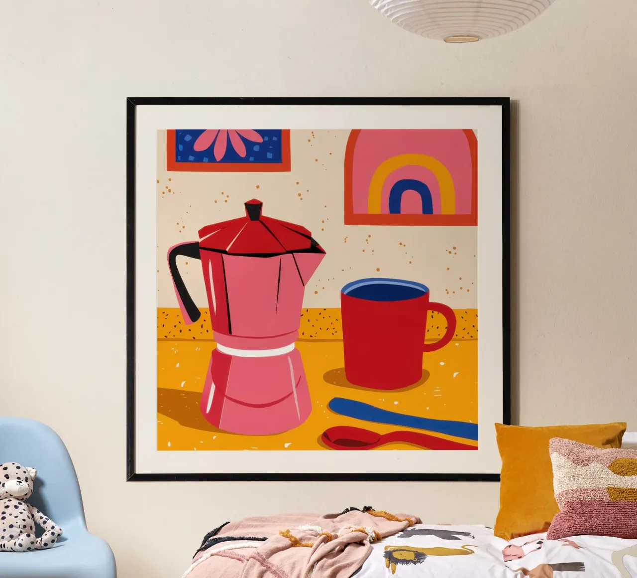 Rituale del caffè cremisi poster con telaio in legno da Nova Glaze