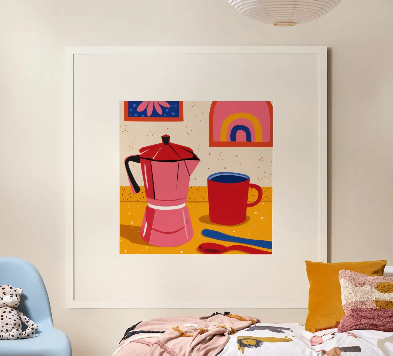 Rituale del caffè cremisi poster con telaio in legno da Nova Glaze