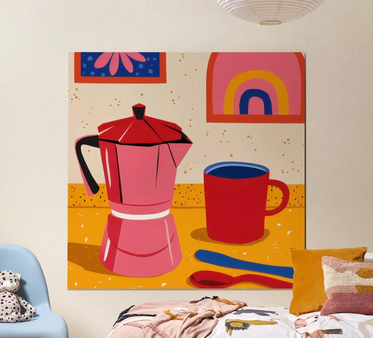 Rituale del caffè cremisi poster con telaio in legno da Nova Glaze