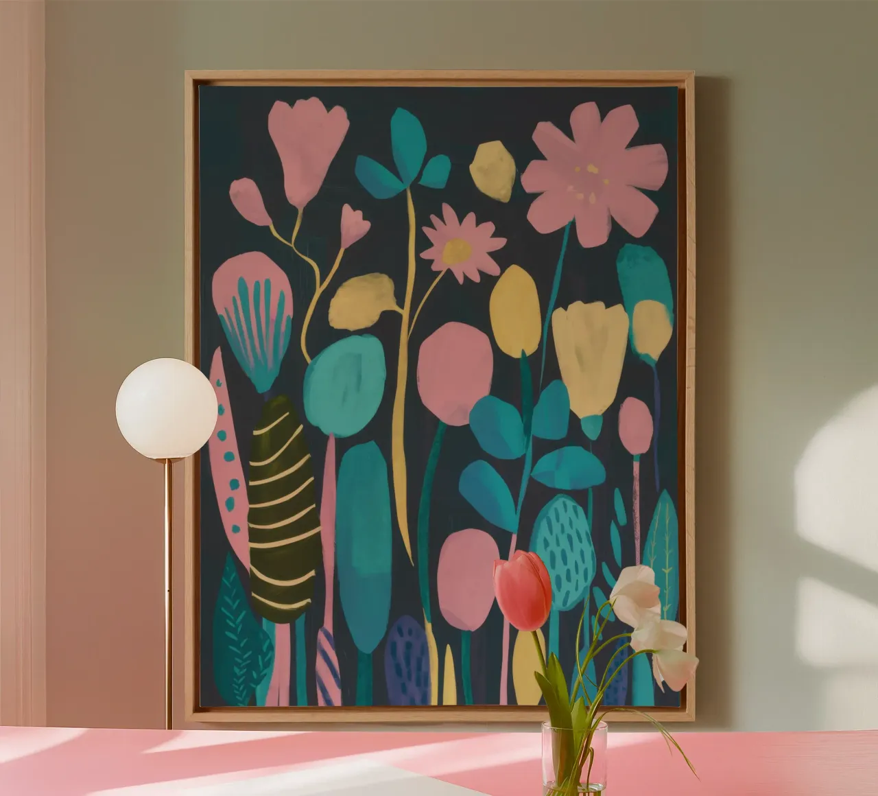 Abstracte tulpentuin canvas met Baklijst van Snow Mist