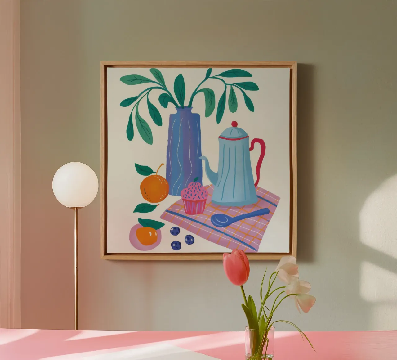 Checked Table Still life canvas with Floater frame by Snow Mist