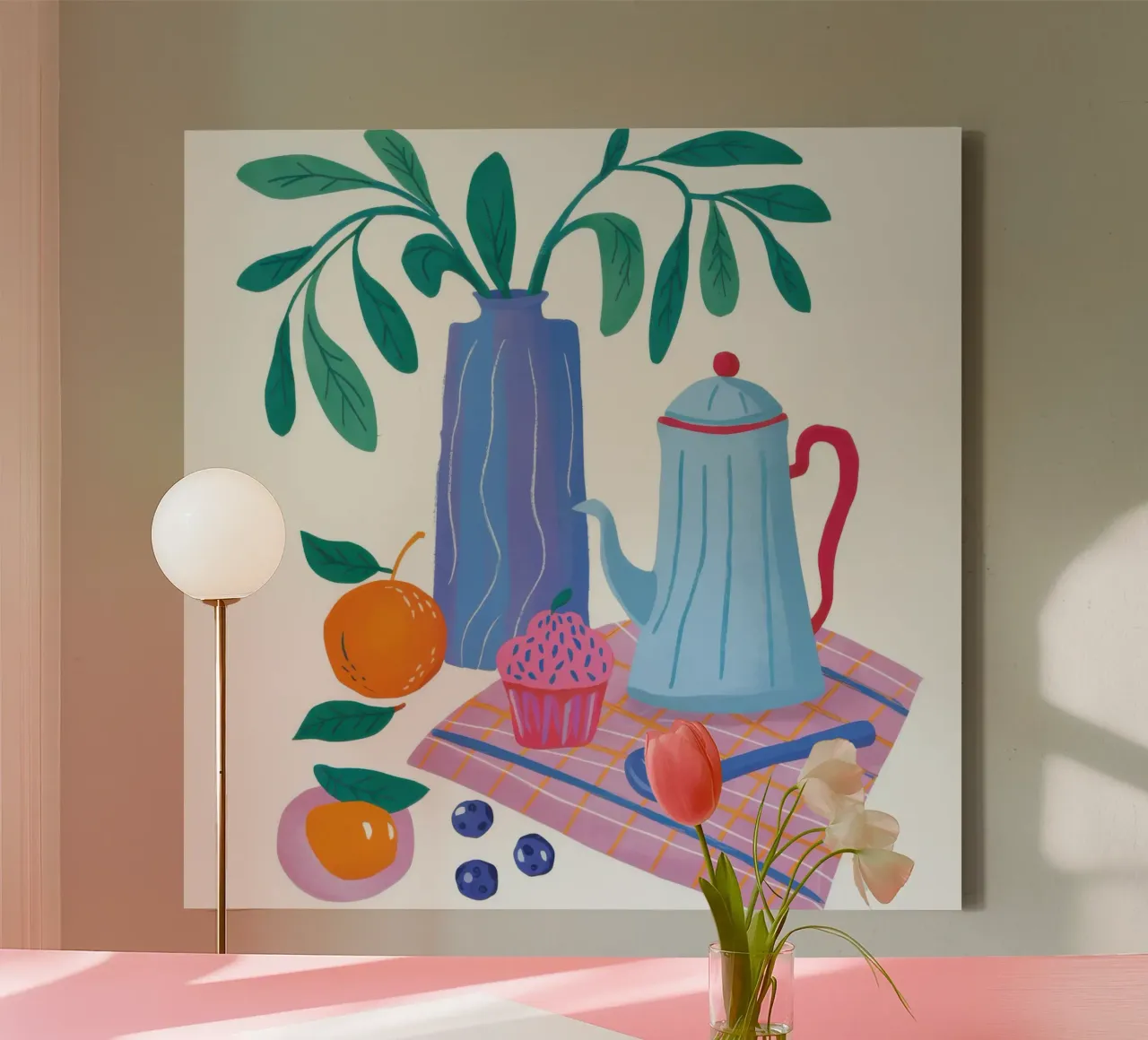 Checked Table Still life canvas with Floater frame by Snow Mist