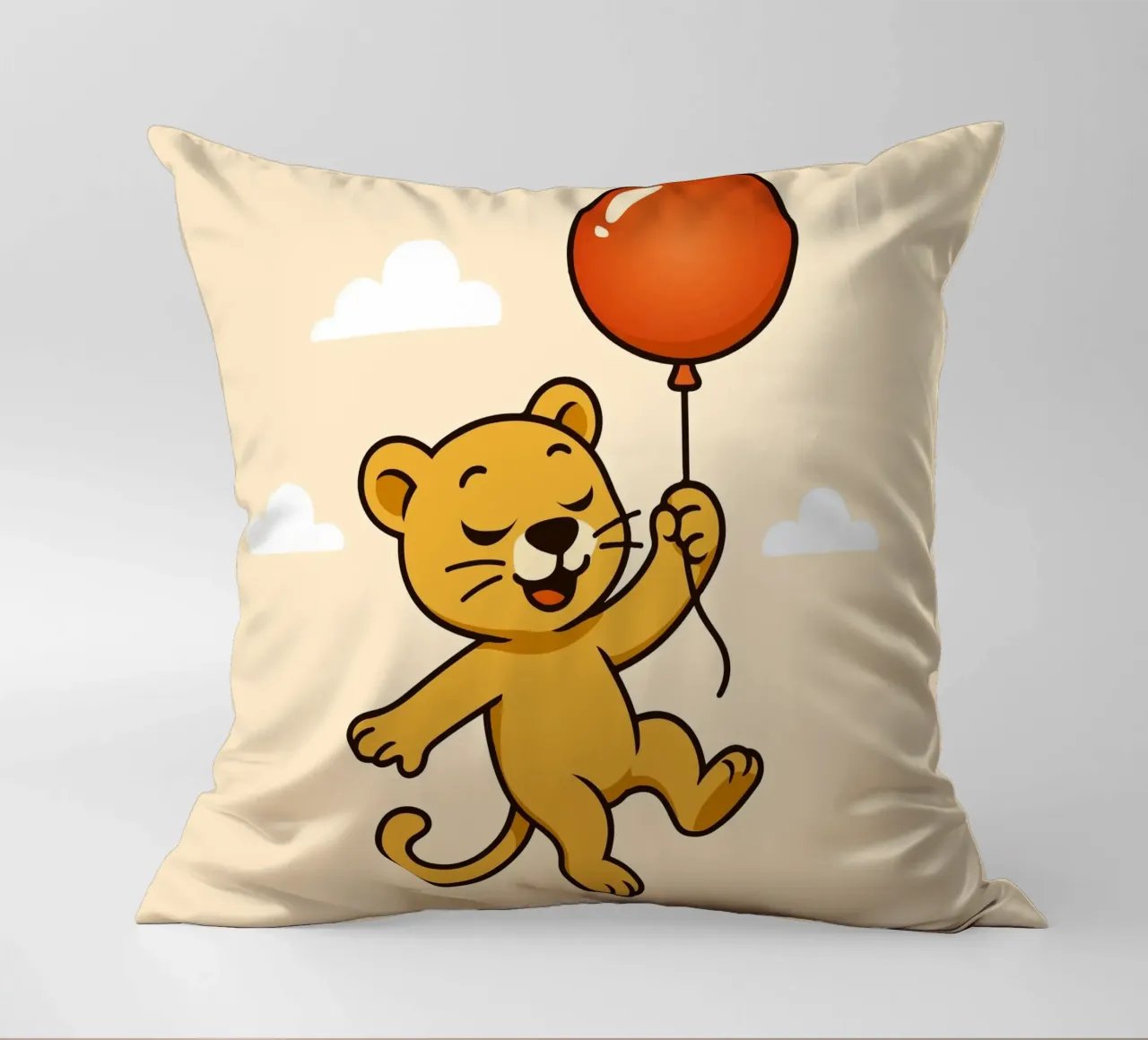 Un allegro leone con palloncino fluttua nell'aria cuscino da namosh