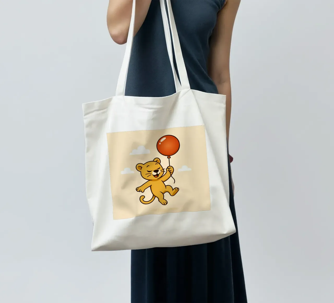 Un allegro leone con palloncino fluttua nell'aria borsa in juta da namosh