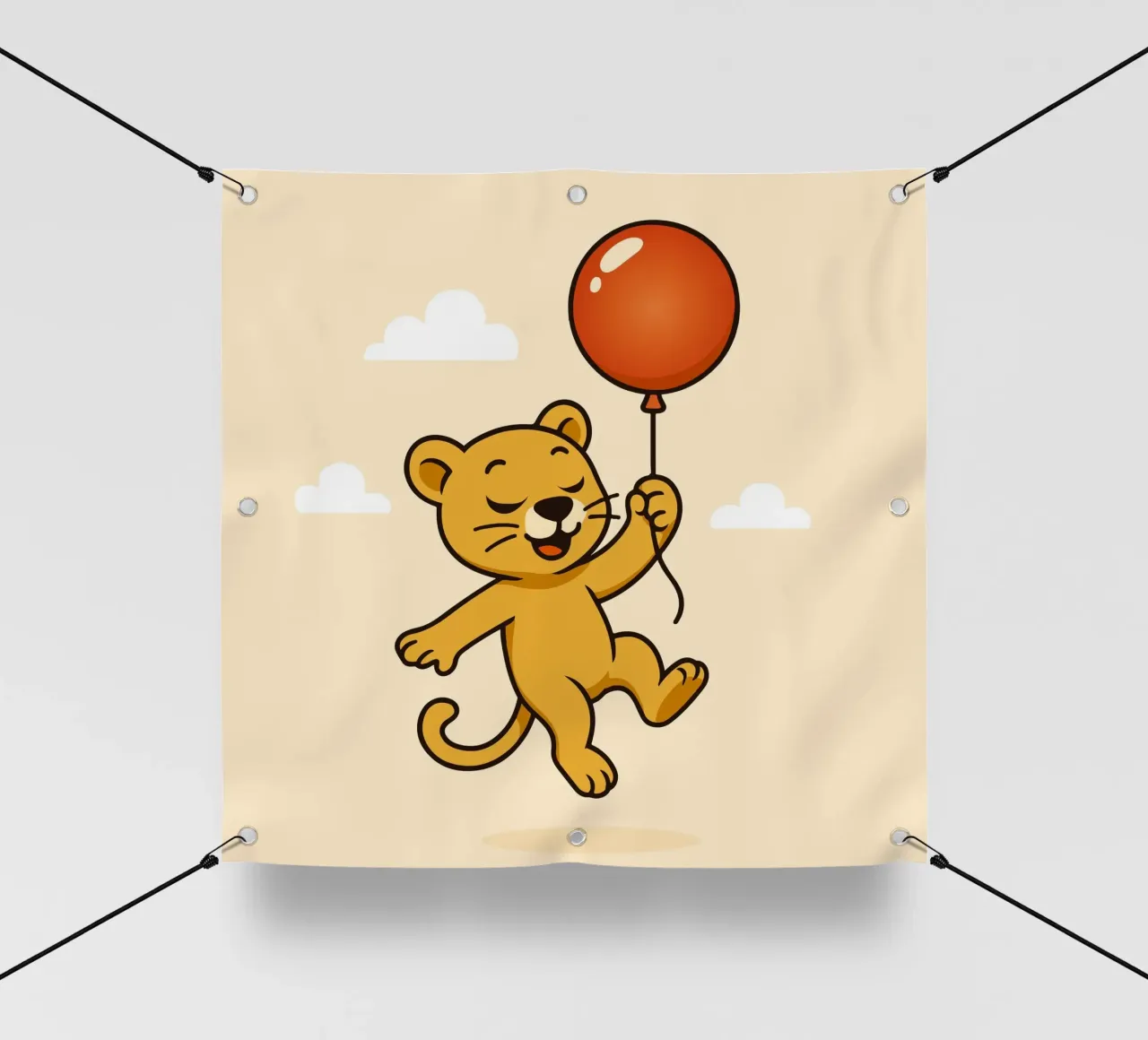 Un allegro leone con palloncino fluttua nell'aria telo in pvc da namosh