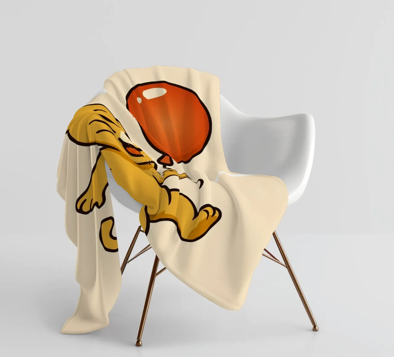 Un allegro leone con palloncino fluttua nell'aria coperta in pile da namosh