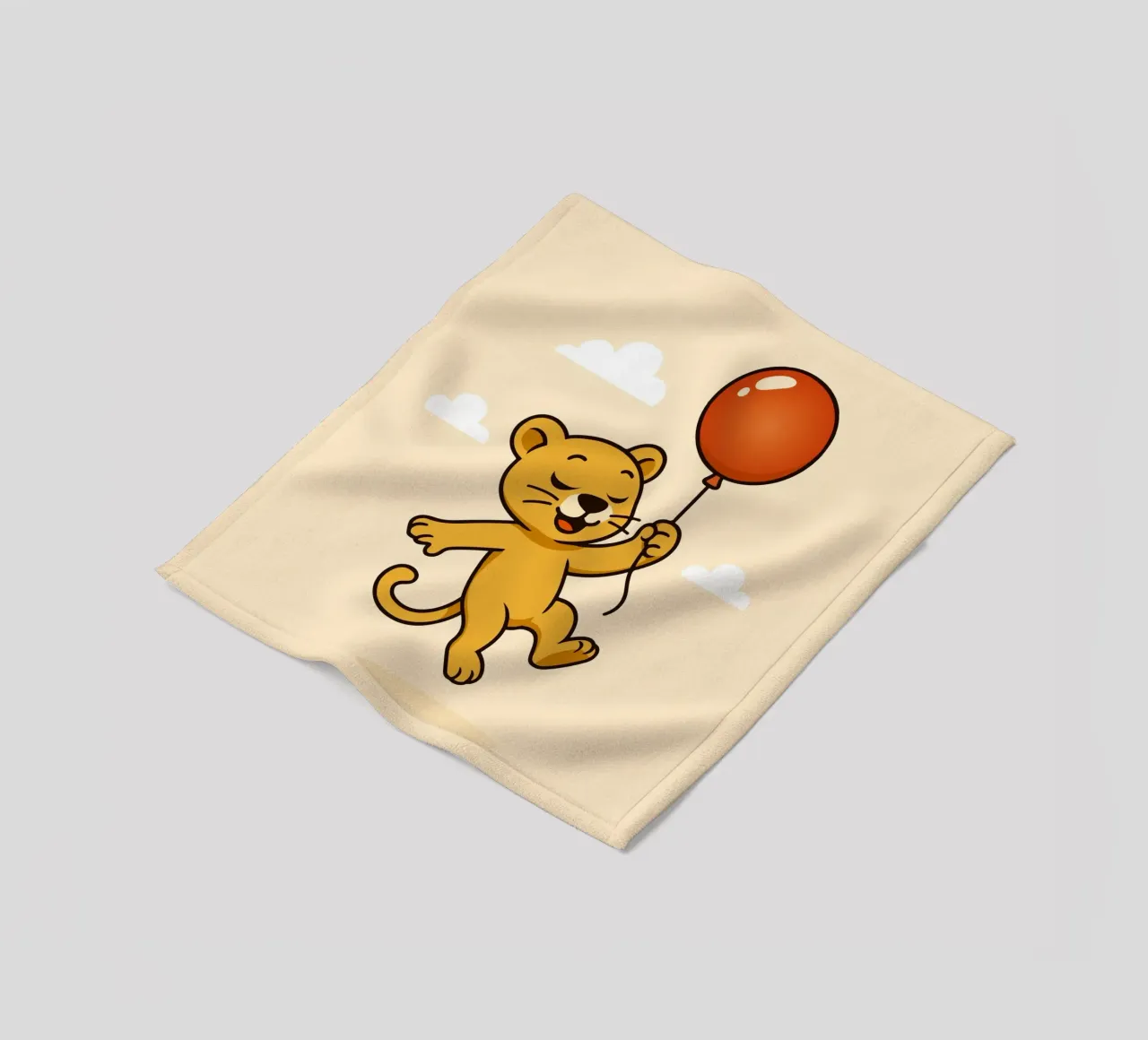 Un allegro leone con palloncino fluttua nell'aria coperta in pile da namosh