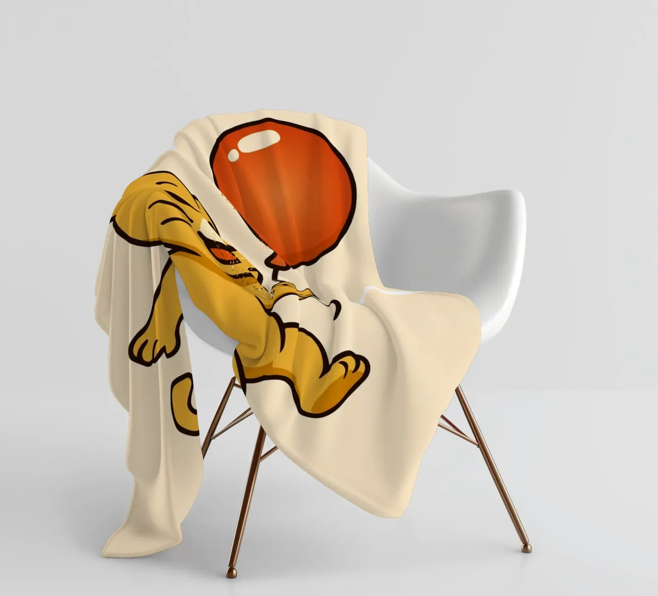 Un allegro leone con palloncino fluttua nell'aria coperta in pile da namosh