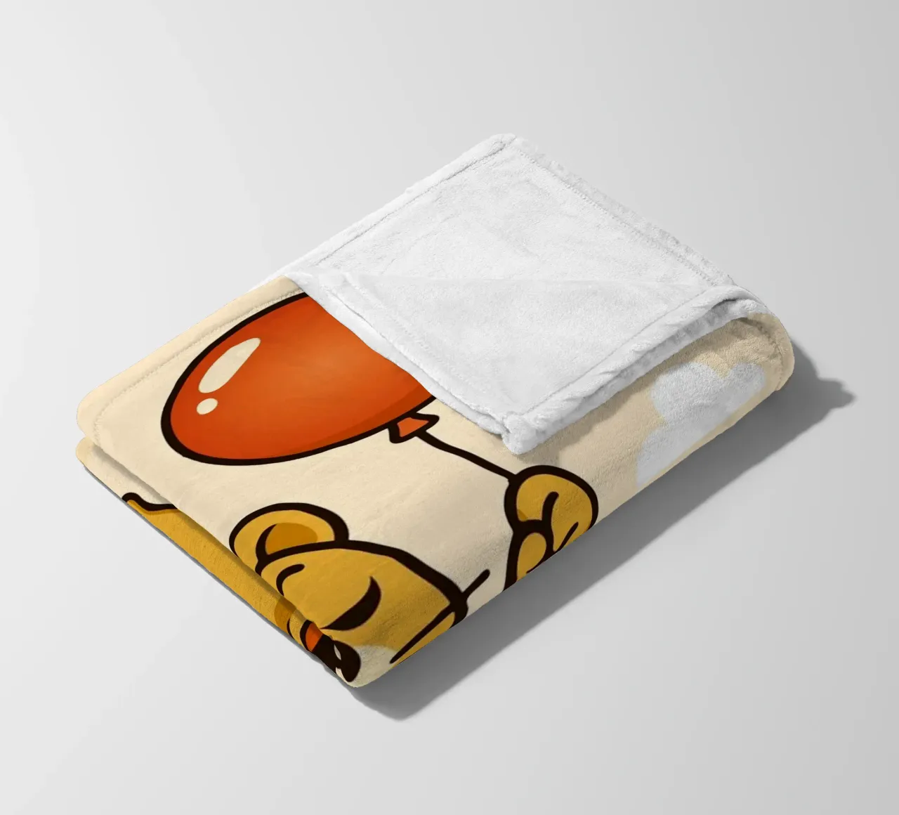 Un allegro leone con palloncino fluttua nell'aria coperta in pile da namosh
