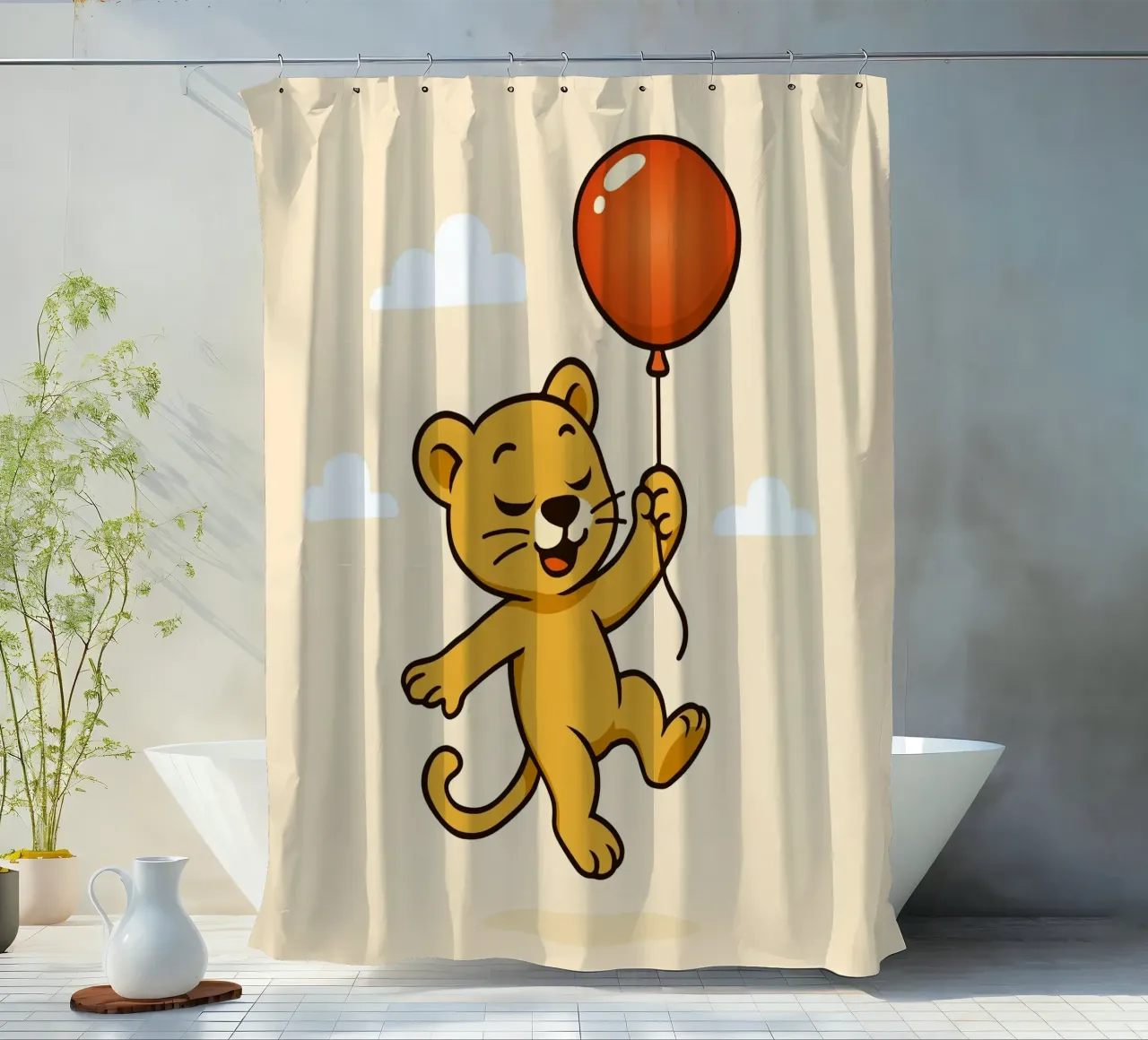 Un allegro leone con palloncino fluttua nell'aria tenda da doccia da namosh