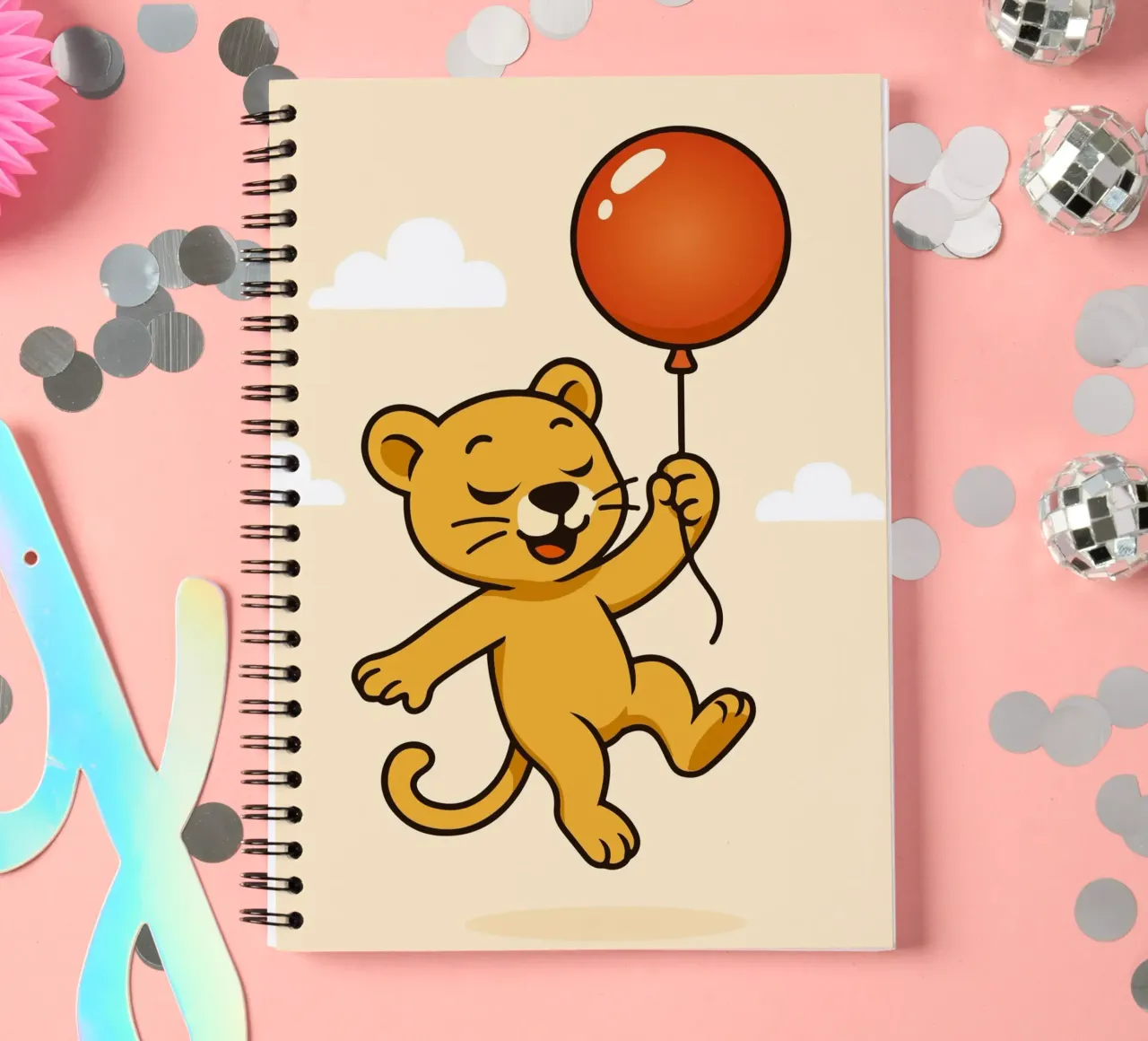 Un allegro leone con palloncino fluttua nell'aria diario ad anelli da namosh