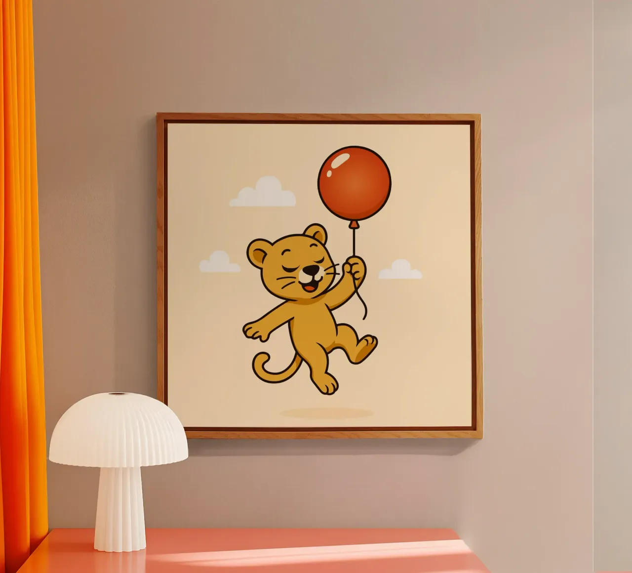 Un allegro leone con palloncino fluttua nell'aria plexiglass da namosh
