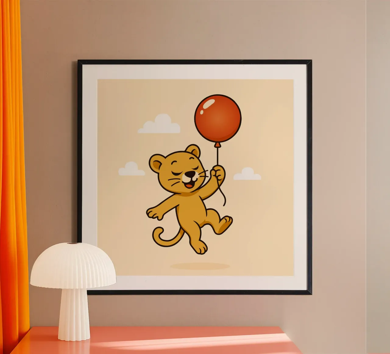 Un allegro leone con palloncino fluttua nell'aria poster con telaio in legno da namosh