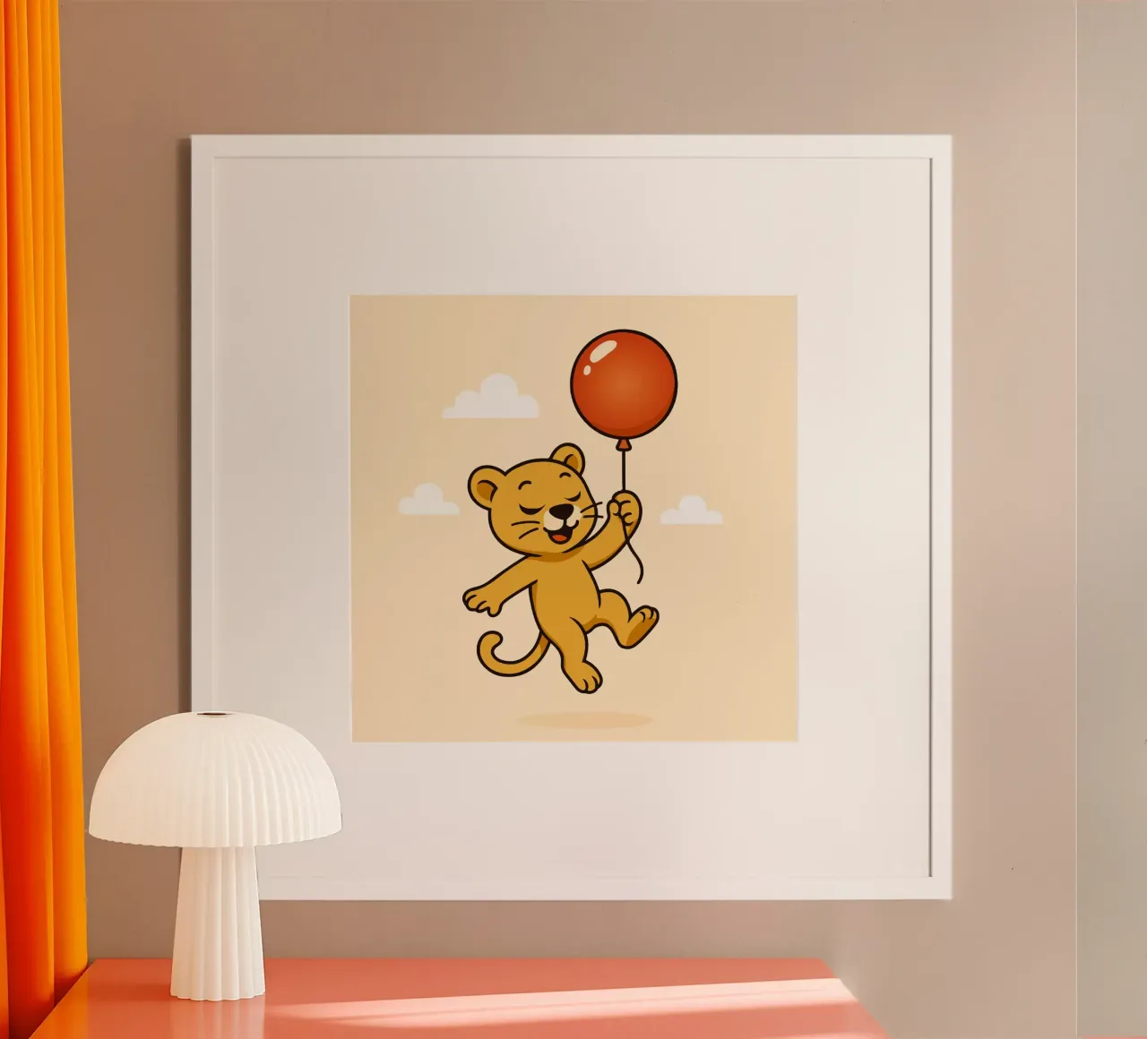 Un allegro leone con palloncino fluttua nell'aria poster con telaio in legno da namosh