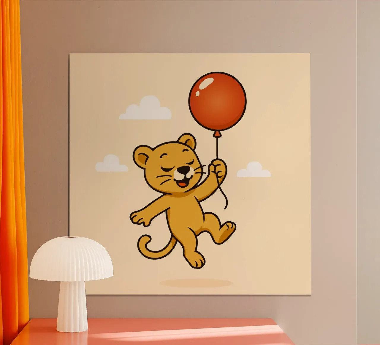Un allegro leone con palloncino fluttua nell'aria poster con telaio in legno da namosh