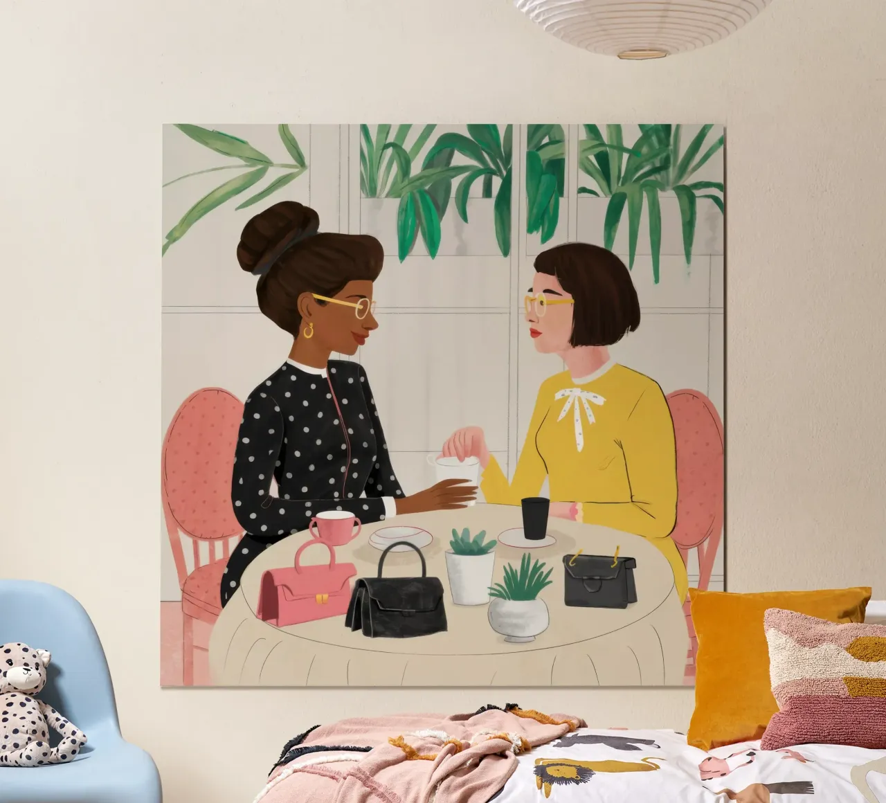Conversazione in un caffè chic poster con telaio in legno da Scaller Stars
