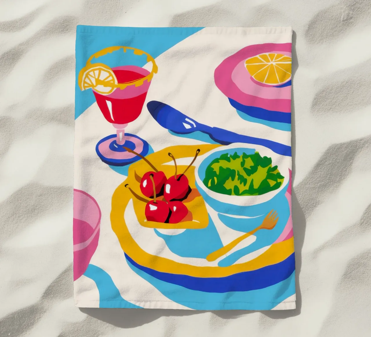 Pranzo cromatico diffuso telo mare da Bara Suara