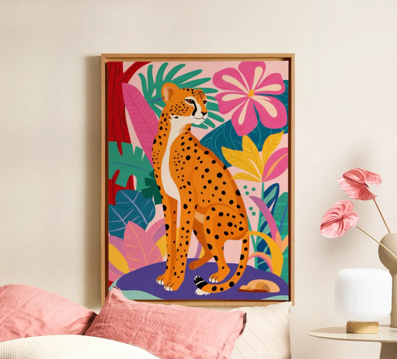 Chromatic Cheetah Repose canvas with Floater frame by Scaller Stars