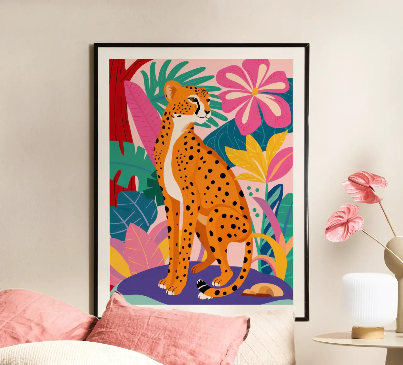Chromatic Cheetah Repose poster with aluminum frame by Scaller Stars