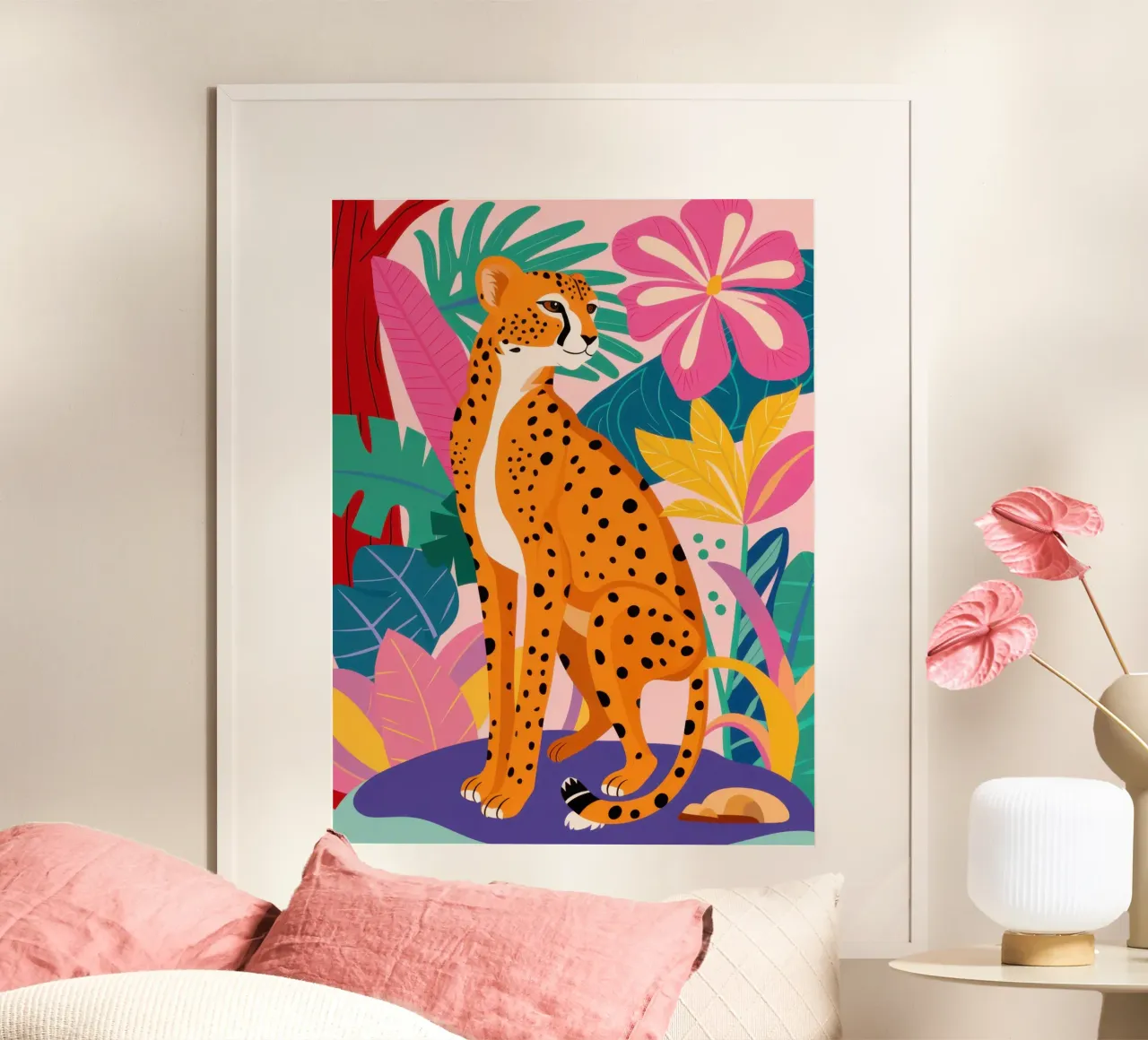 Chromatic Cheetah Repose poster with aluminum frame by Scaller Stars