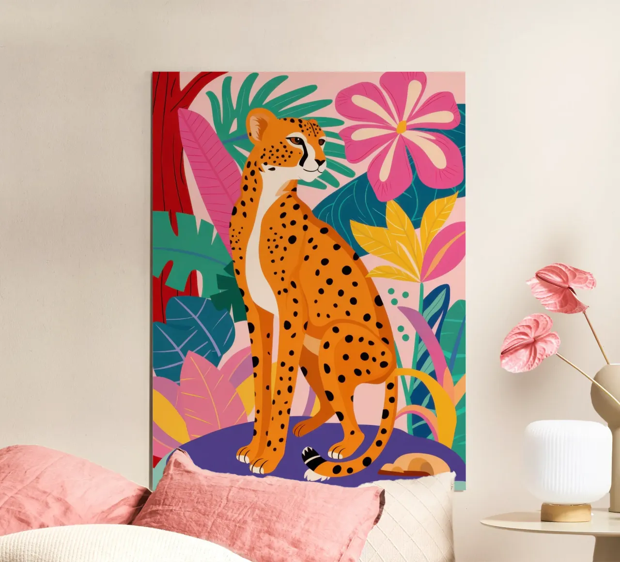 Chromatic Cheetah Repose poster with aluminum frame by Scaller Stars