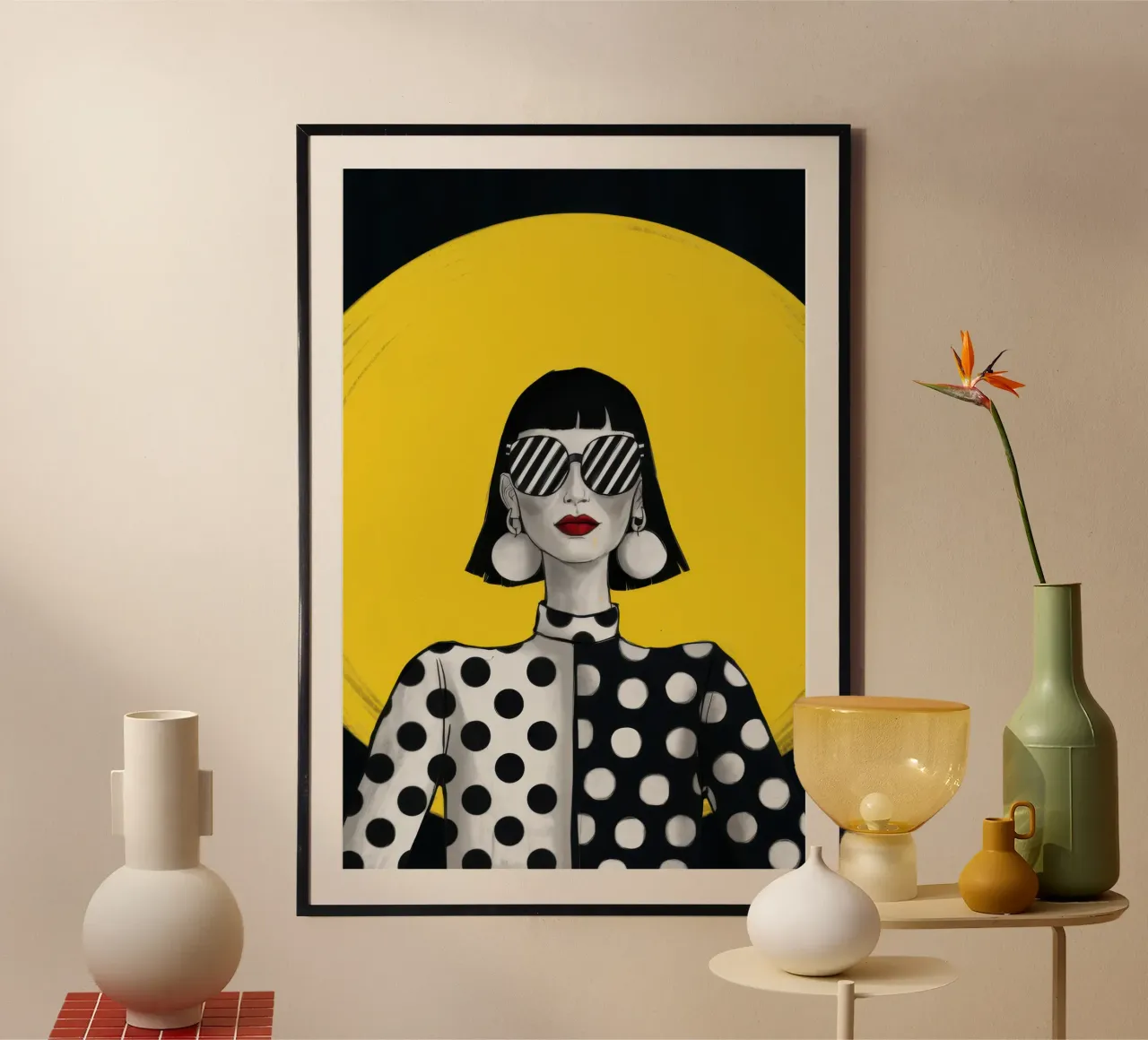 Diva retrò a pois poster con telaio in legno da Bara Suara